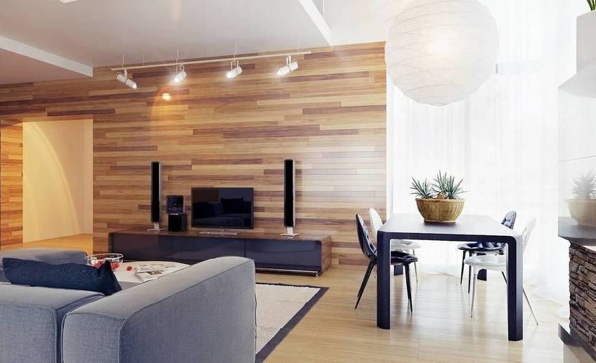 Neutral living room wood clad walls