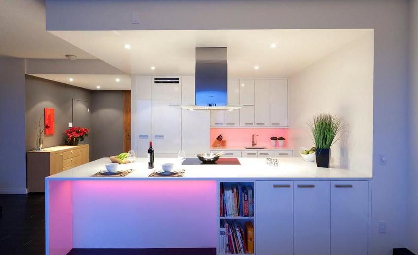 Stunning led lights in the kitchen design under cabinet also bookcase under kitchen island as well white gray painting wall