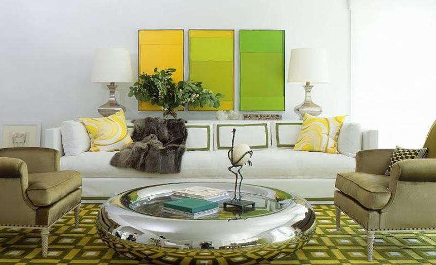 Pamplemousse living room green yellow round silver donut coffee table white sofa color block  1 