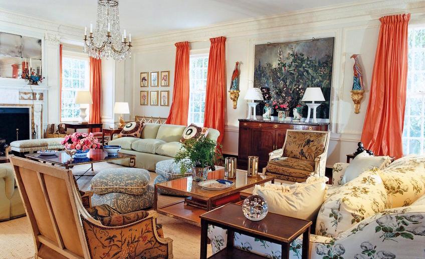 Tory burch vogue cococozy southampton home estate living room coral needlepoint louis xvi chairs botanical prints traditional coral drapery drapes curtains crystal chandelier