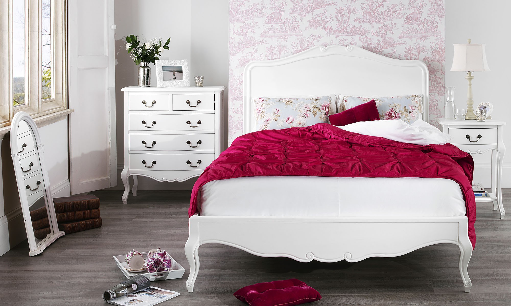 Beautiful brightly antique white refurbished bedroom furniture queen size oak wood bed frame using cabriole legs be equipped chic red and floral patterned bedding also five drawer bedside cabinet and
