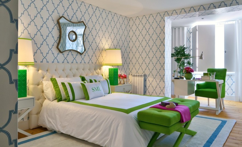 Usual elegant blue frames on white wall decorated with white bed with white green pillows and a green chair set near glass window as amazing room wallpaper