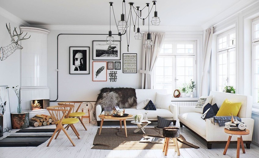 Usual yellow scandinavian decor with hanging lamp and vertical fire place also white sofa