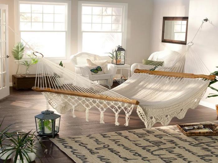 bedroom decorations accessories luxury floating hammock bed design with white base with wooden end with classic decorations plus area rug with square shape with letter with taupe color bedroom