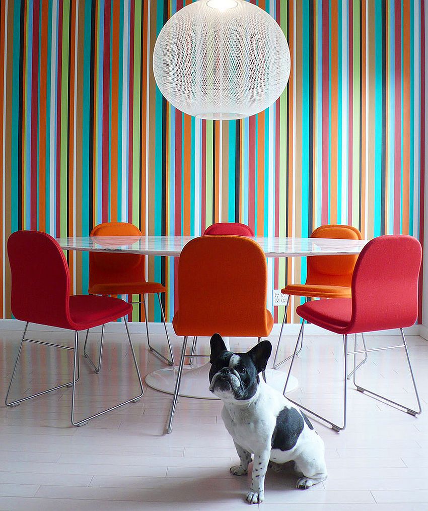 Bold color field striped wallpaper in the contemporary dining room
