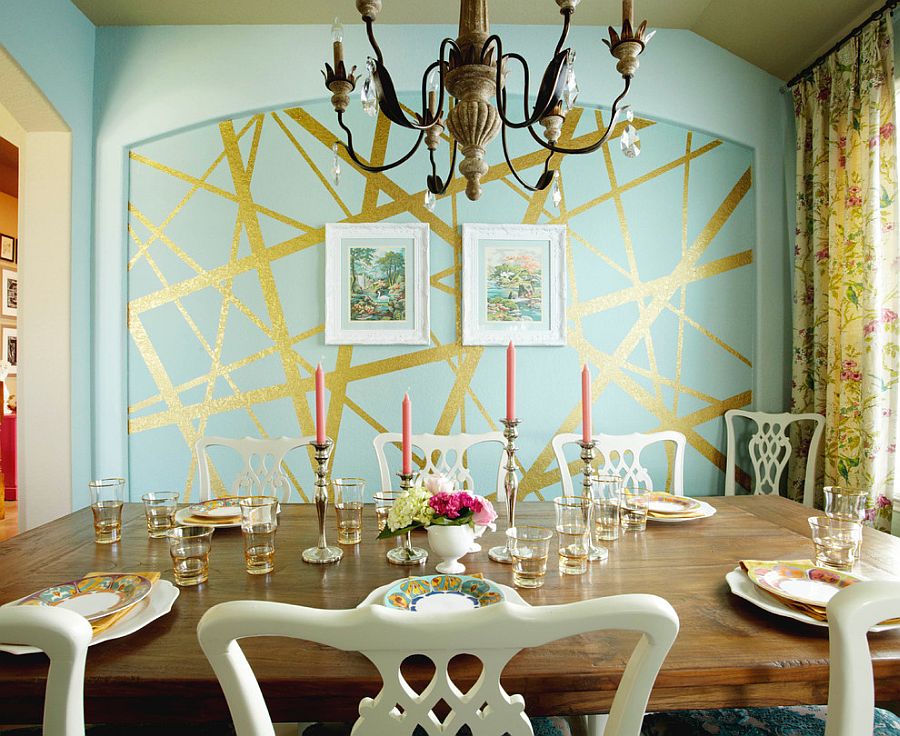 Eclectic dining room with unique striped accent wall