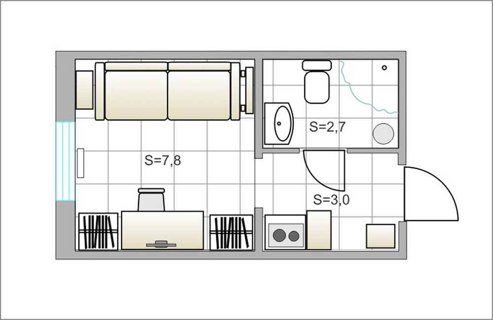 План студии 15 кв м