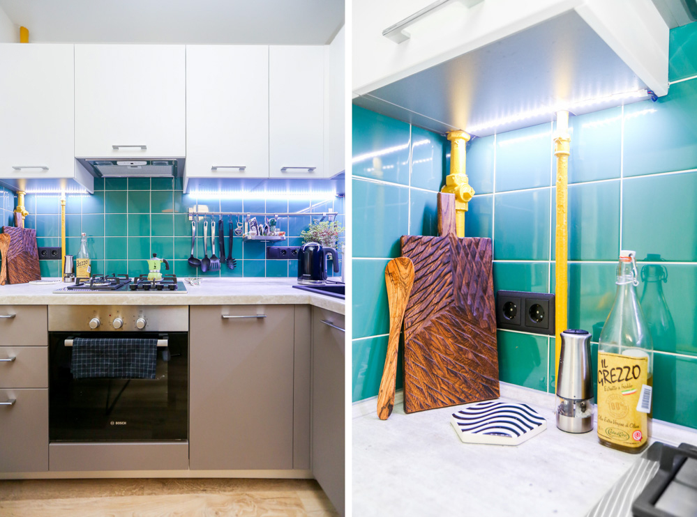 Бирюзовый цвет стен в интерьере кухни