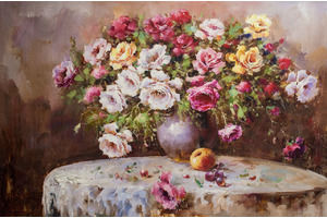 Thumb potapova kartina maslom natyurmort buket roz s yablokom i vinogradom mp161102