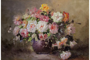 Thumb potapova kartina maslom natyurmort buket roz v korichnevoj vaze mp161103
