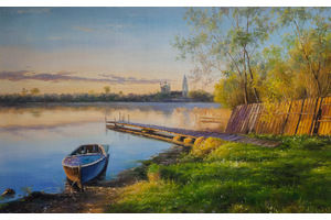 Thumb romm kartina maslom prirodnyj pejzazh maslom letnij na reke u mostkov na zakate ar161112